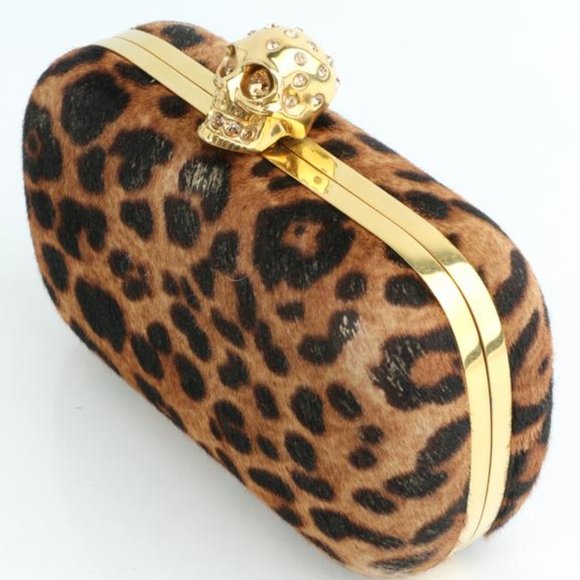 Alexander McQueen Box Leopard Print Calf Hair Skull Multicolor Leather Clutch - Picture 4 of 11